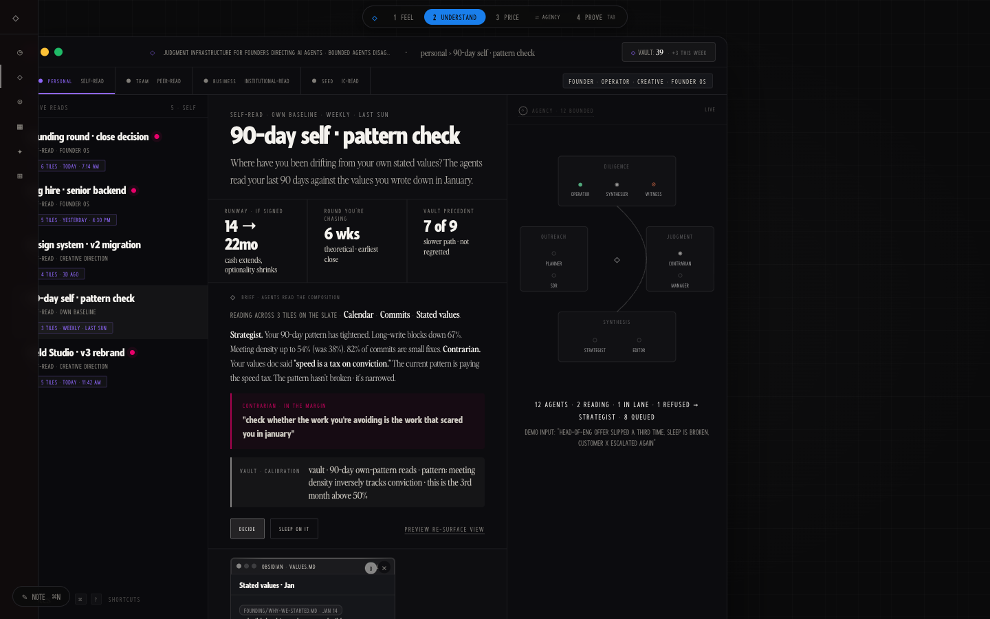 The slate and tray surface running a 90-day pattern check: agents' reads with a margin note, the agency rail live, the vault pill in the titlebar.